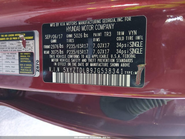 2018 Hyundai Santa Fe Sport 2.4l მანქანა იყიდება აუქციონზე, vin: 5XYZTDLB9JG538341, აუქციონის ნომერი: 45665130