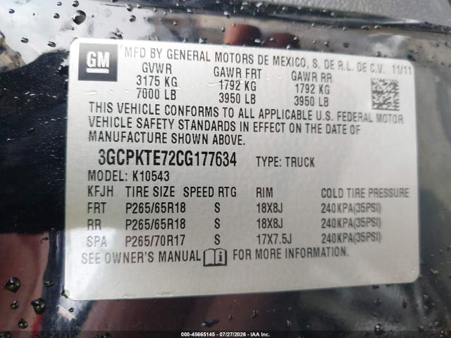 Продаж на аукціоні авто 2012 Chevrolet Silverado 1500 Ltz, vin: 3GCPKTE72CG177634, номер лоту: 45665145