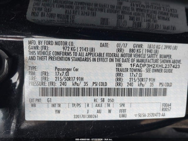 2017 Ford Focus Sel მანქანა იყიდება აუქციონზე, vin: 1FADP3H2XHL237423, აუქციონის ნომერი: 45665166