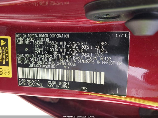 Aukcja sprzedaży 2010 Toyota Highlander, vin: JTEZA3EH0A2011022, numer aukcji: 45665172