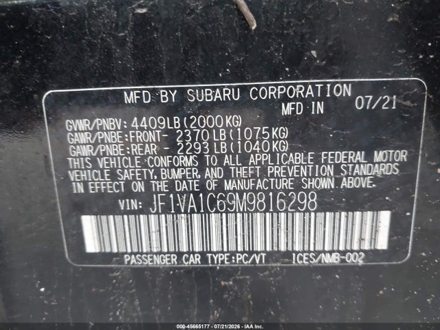 Aukcja sprzedaży 2021 Subaru Wrx Premium, vin: JF1VA1C69M9816298, numer aukcji: 45665177