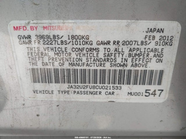 45665181 :رقم المزاد ، JA32U2FU8CU021533 vin ، 2012 Mitsubishi Lancer Es مزاد بيع