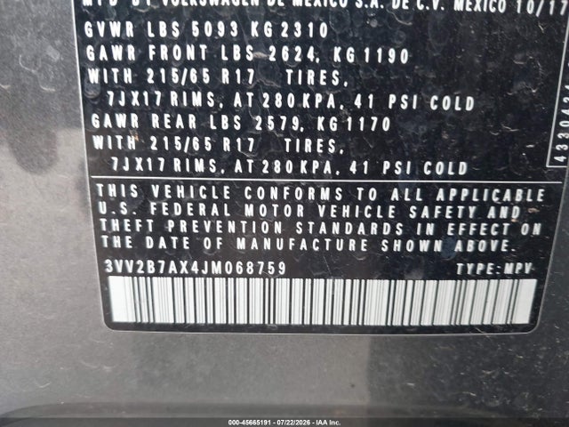 Aukcja sprzedaży 2018 Volkswagen Tiguan 2.0t Se/2.0t Sel, vin: 3VV2B7AX4JM068759, numer aukcji: 45665191