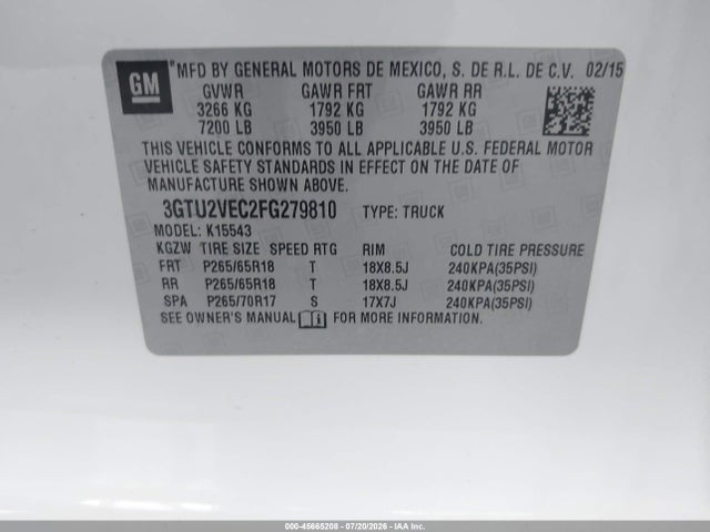 2015 Gmc Sierra 1500 Slt მანქანა იყიდება აუქციონზე, vin: 3GTU2VEC2FG279810, აუქციონის ნომერი: 45665208