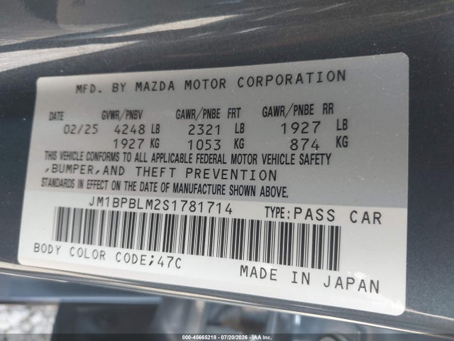 45665218 :رقم المزاد ، JM1BPBLM2S1781714 vin ، 2025 Mazda Mazda3 2.5 S Carbon Edition مزاد بيع