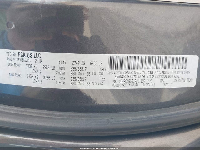 Aukcja sprzedaży 2018 Chrysler Pacifica Touring L, vin: 2C4RC1BG5JR211197, numer aukcji: 45665230