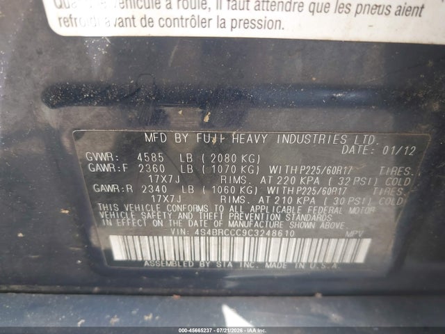 45665237 :رقم المزاد ، 4S4BRCCC9C3248610 vin ، 2012 Subaru Outback 2.5i Premium مزاد بيع