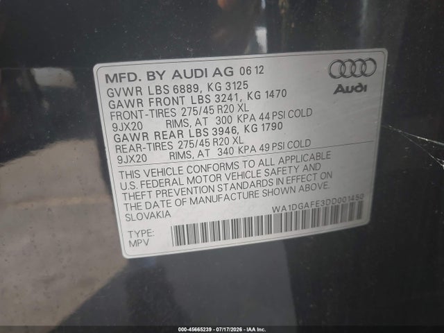 Продаж на аукціоні авто 2013 Audi Q7 3.0t S Line Prestige, vin: WA1DGAFE3DD001450, номер лоту: 45665239