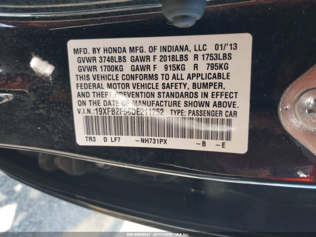 Продаж на аукціоні авто 2013 Honda Civic Lx, vin: 19XFB2F56DE211252, номер лоту: 45665247