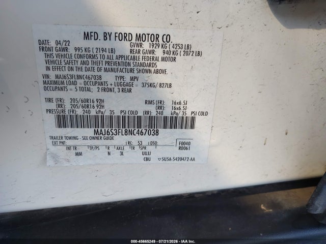 Ford ECOSPORT S 2022 MAJ6S3FL8NC467038 Image 9