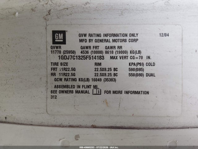Aukcja sprzedaży 2005 Gmc C7500 C7c042, vin: 1GDJ7C1325F514183, numer aukcji: 45665253