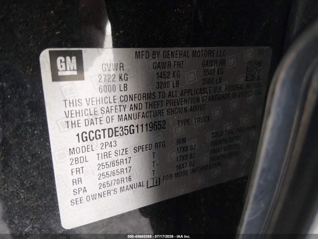 45665269 :رقم المزاد ، 1GCGTDE35G1119652 vin ، 2016 Chevrolet Colorado Z71 مزاد بيع