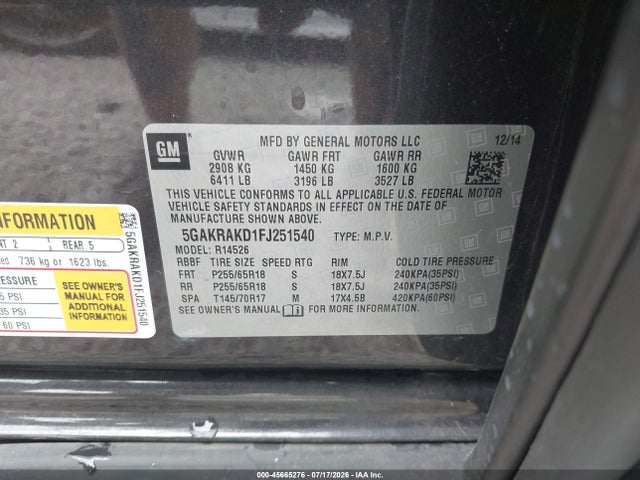 45665276 :رقم المزاد ، 5GAKRAKD1FJ251540 vin ، 2015 Buick Enclave Convenience مزاد بيع