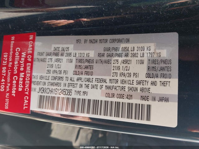 Aukcja sprzedaży 2025 Mazda Cx-90 Phev Premium Sport, vin: JM3KKCHA1S1245086, numer aukcji: 45665292