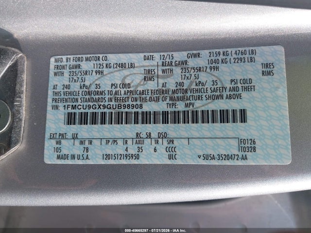 Ford ESCAPE SE 2016 1FMCU9GX9GUB98908 Image 9