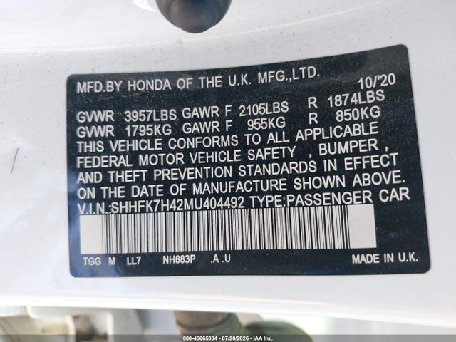 SHHFK7H42MU404492 Honda Civic Sport
