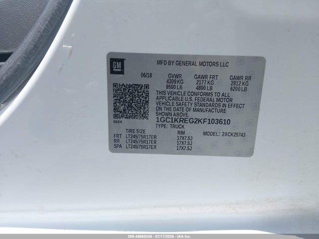 2019 Chevrolet Silverado 2500hd Wt მანქანა იყიდება აუქციონზე, vin: 1GC1KREG2KF103610, აუქციონის ნომერი: 45665345