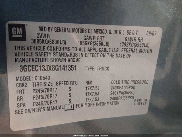 45665351 :رقم المزاد ، 3GCEC13JX8G141351 vin ، 2008 Chevrolet Silverado 1500 Lt1 مزاد بيع