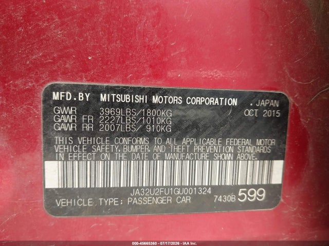 Aukcja sprzedaży 2016 Mitsubishi Lancer Es, vin: JA32U2FU1GU001324, numer aukcji: 45665360