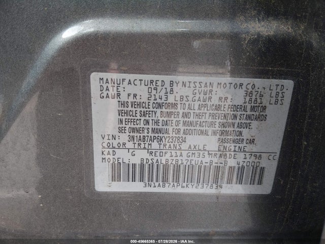 Aukcja sprzedaży 2019 Nissan Sentra S, vin: 3N1AB7AP6KY237834, numer aukcji: 45665365