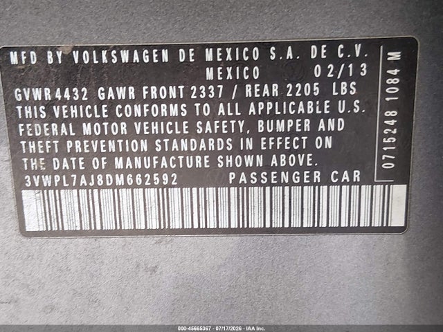 2013 Volkswagen Jetta Sportwagen 2.0l Tdi მანქანა იყიდება აუქციონზე, vin: 3VWPL7AJ8DM662592, აუქციონის ნომერი: 45665367