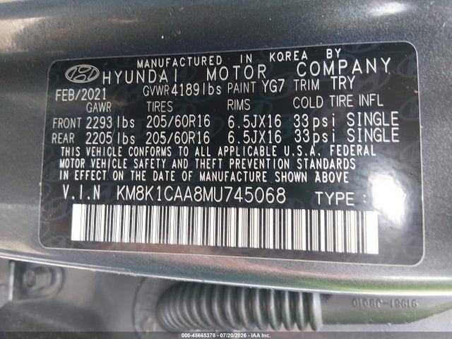 Aukcja sprzedaży 2021 Hyundai Kona Se, vin: KM8K1CAA8MU745068, numer aukcji: 45665378