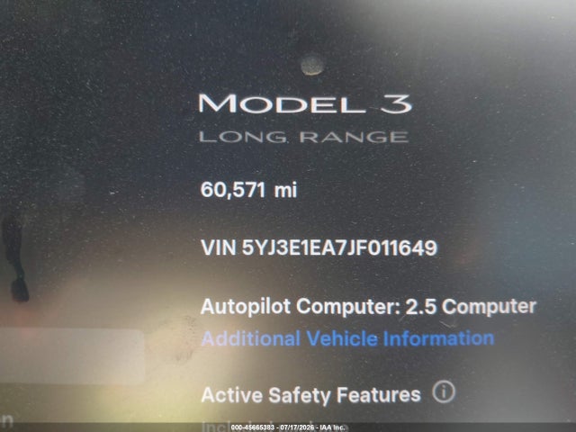 Продажа на аукционе авто 2018 Tesla Model 3 Long Range/mid Range, vin: 5YJ3E1EA7JF011649, номер лота: 45665383