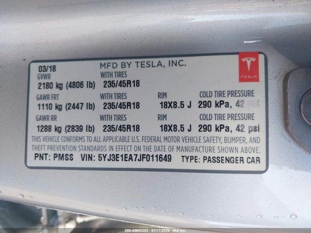 Продажа на аукционе авто 2018 Tesla Model 3 Long Range/mid Range, vin: 5YJ3E1EA7JF011649, номер лота: 45665383