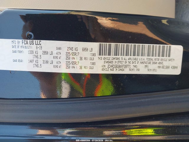 45665384 :رقم المزاد ، 2C4RDGBG8KR728771 vin ، 2019 Dodge Grand Caravan Se مزاد بيع
