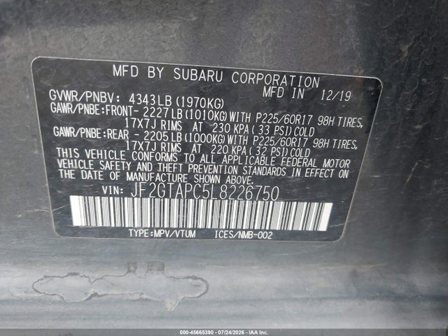 2020 Subaru Crosstrek Premium მანქანა იყიდება აუქციონზე, vin: JF2GTAPC5L8226750, აუქციონის ნომერი: 45665390