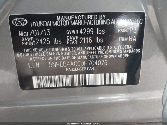 45665403 :رقم المزاد ، 5NPEB4AC0DH704076 vin ، 2013 Hyundai Sonata Gls مزاد بيع