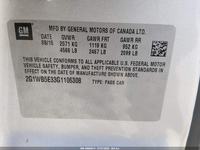 45665414 :رقم المزاد ، 2G1WB5E33G1106308 vin ، 2016 Chevrolet Impala Limited Lt مزاد بيع
