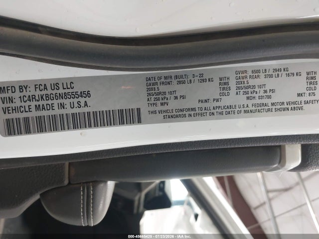 Продаж на аукціоні авто 2022 Jeep Grand Cherokee L Limited 4x4, vin: 1C4RJKBG6N8555456, номер лоту: 45665425