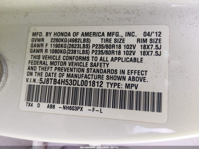 2013 Acura Rdx მანქანა იყიდება აუქციონზე, vin: 5J8TB4H53DL001812, აუქციონის ნომერი: 45665440