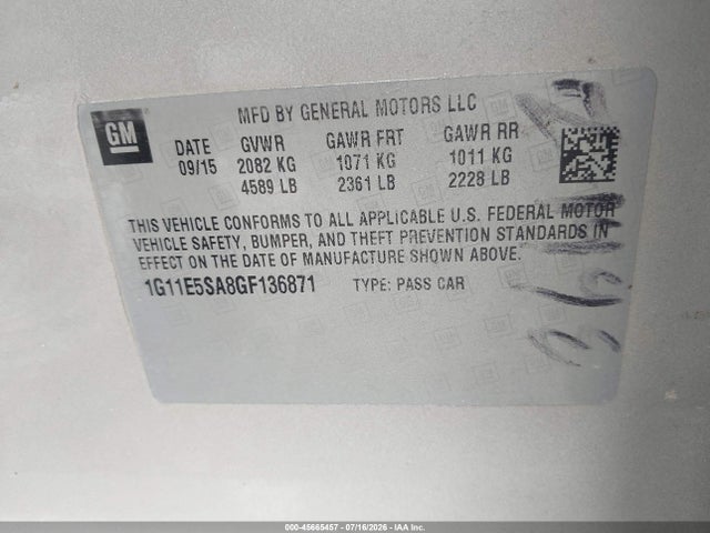 Auction sale of the 2016 Chevrolet Malibu Limited Ltz, vin: 1G11E5SA8GF136871, lot number: 45665457