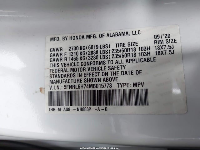 Aukcja sprzedaży 2021 Honda Odyssey Ex-l, vin: 5FNRL6H74MB015773, numer aukcji: 45665467