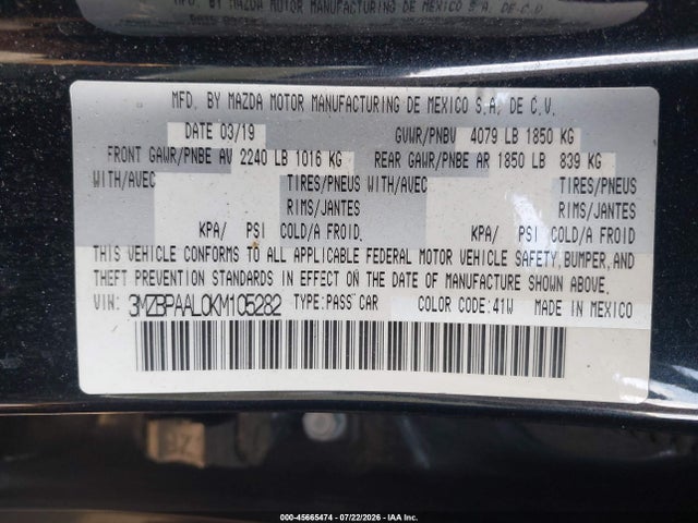 Aukcja sprzedaży 2019 Mazda Mazda3 Select Package, vin: 3MZBPAAL0KM105282, numer aukcji: 45665474