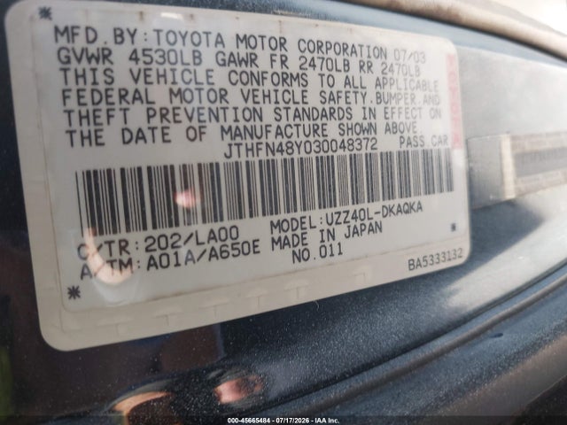 45665484 :رقم المزاد ، JTHFN48Y030048372 vin ، 2003 Lexus Sc 430 مزاد بيع
