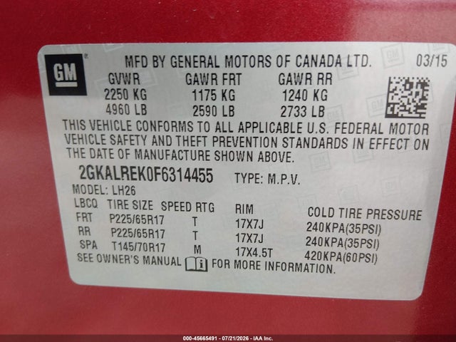 GMC Terrain Sle-2 2015 2GKALREK0F6314455 Image 9