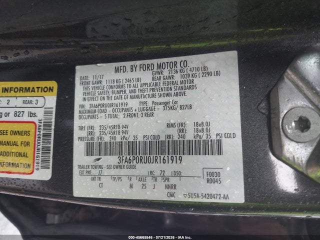 Продаж на аукціоні авто 2018 Ford Fusion Hybrid Titanium, vin: 3FA6P0RU0JR161919, номер лоту: 45665546