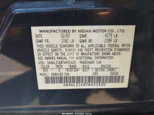 2007 Nissan Altima 2.5 S მანქანა იყიდება აუქციონზე, vin: 1N4AL21E87N435420, აუქციონის ნომერი: 45665591