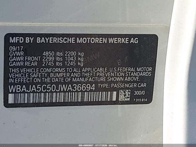 2018 Bmw 530i მანქანა იყიდება აუქციონზე, vin: WBAJA5C50JWA36694, აუქციონის ნომერი: 45665607