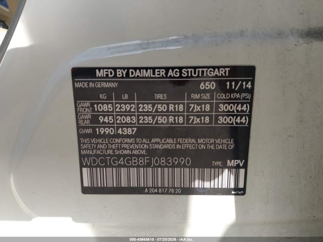 2015 Mercedes-benz Gla 250 4matic მანქანა იყიდება აუქციონზე, vin: WDCTG4GB8FJ083990, აუქციონის ნომერი: 45665610