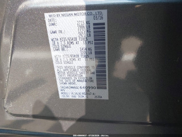 2016 Nissan Pathfinder Platinum/s/sl/sv მანქანა იყიდება აუქციონზე, vin: 5N1AR2MN6GC640990, აუქციონის ნომერი: 45665637