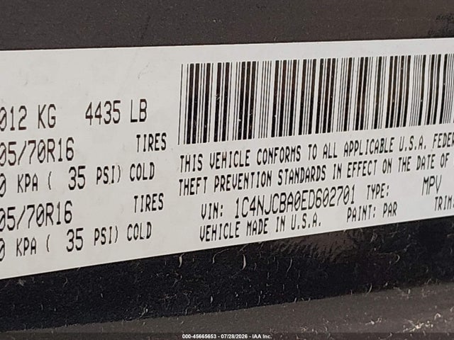 2014 Jeep Compass Sport მანქანა იყიდება აუქციონზე, vin: 1C4NJCBA0ED602701, აუქციონის ნომერი: 45665653