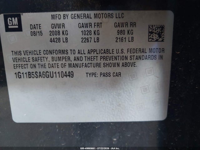 2016 Chevrolet Malibu Limited Ls მანქანა იყიდება აუქციონზე, vin: 1G11B5SA6GU110449, აუქციონის ნომერი: 45665661