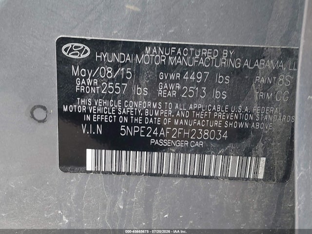 Aukcja sprzedaży 2015 Hyundai Sonata Se, vin: 5NPE24AF2FH238034, numer aukcji: 45665675