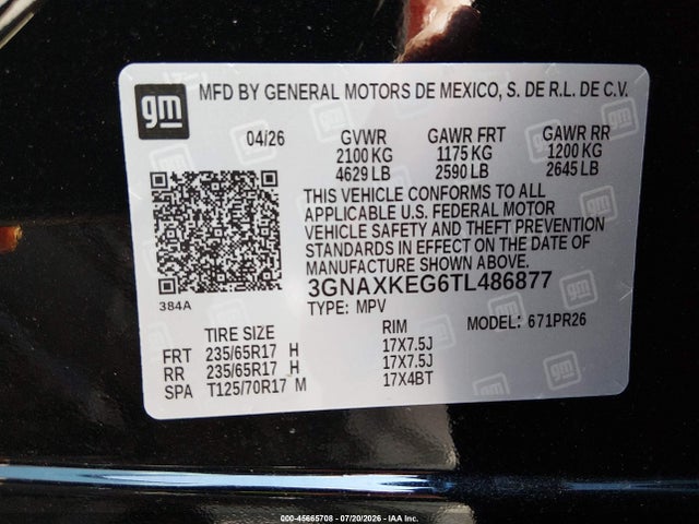 Aukcja sprzedaży 2026 Chevrolet Equinox Fwd Activ, vin: 3GNAXKEG6TL486877, numer aukcji: 45665708