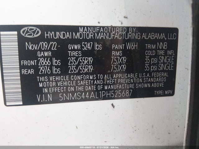 Продаж на аукціоні авто 2023 Hyundai Santa Fe Limited, vin: 5NMS44AL1PH525687, номер лоту: 45665718
