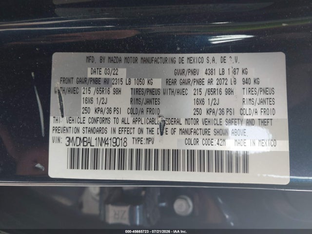 Продаж на аукціоні авто 2022 Mazda Cx-30 2.5 S, vin: 3MVDMBAL1NM419018, номер лоту: 45665723